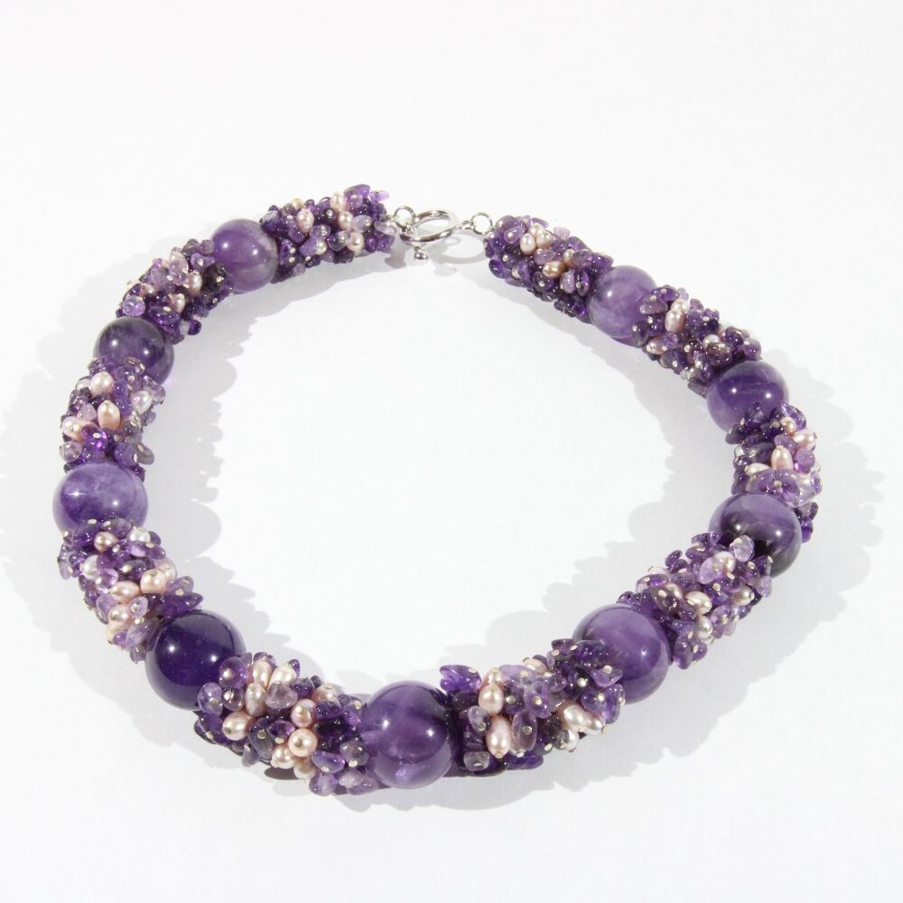 Sterling Silver .925 Amethyst and Pearl Stone Necklace - Picture 5 of 11